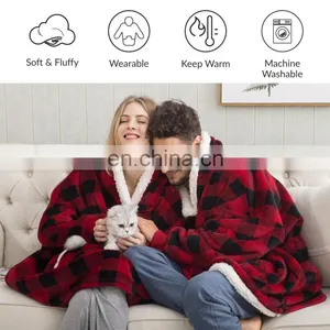 Luxury Super Plush Soft Long Sleeves Double Sided Durable Wearable Sherpa Blanket Hoodie thumbnail-3