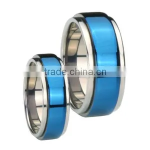 Blue Titanium Moveable Spinner Center Step Edged Shiny Comfort Fit Ring Set 6mm 8mm, Titanium Spinner Ring thumbnail-1