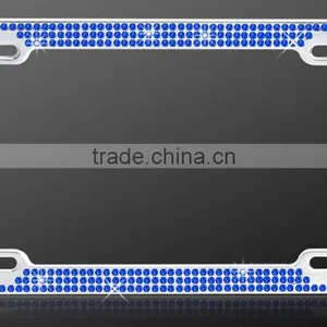 License Plate Frame - Metal Bling - Chrome w/ Blue Sparkling Crystals - Triple Row thumbnail-6
