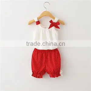New Design Polka Dot Girl Two Piece Outfits Bow White Child Tee Sets Sleveless Spot Kid Cloth Suits thumbnail-1
