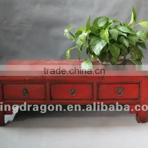 Chinese Antique Furniture Pine Wood Shanxi Red Three Drawer Small Coffee Table thumbnail-1