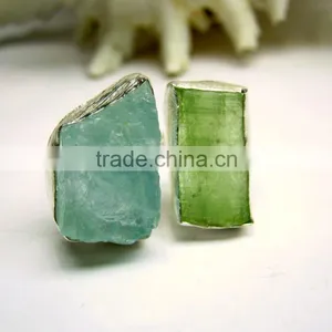 Aquamarine & Green Kyanite Rough Natural Gemstone Ring, 925 Solid Sterling Silver Ring, Designer Raw Bezel Ring thumbnail-1