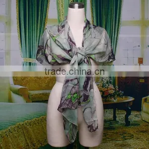 Green Begonia Flower Ink Style Long Cotton Neck Scarf Shawl thumbnail-2