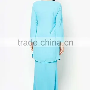 Blue Beaded Printed Made in China Long Sleeve Muslim Dress thumbnail-4