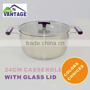 24cm Belly Shape Double Wall Casserole With Glass Lid Stainless Steel Cookware Set With Silicon Handle thumbnail-1