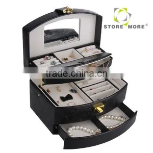 Black Pu Leather Jewelry Box Jewelry Case Jewelry Storage Organizer With Lock And Mirror thumbnail-4