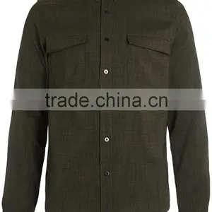Khaki Long Sleeve Cotton Shirt With Double Chest Pocket thumbnail-3