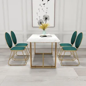 Modern Marble Top Golden Chrome Leg Long Dining Table for Restaurant thumbnail-1