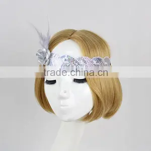 Halloween/Christmas Custom White Flapper Sequin Elastic Feather & Flower Headband thumbnail-6