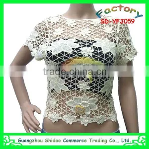 Fashional Lady Machine Made Short Sleeves Embroidery Cotton Water Soluble Lace Blouse thumbnail-5