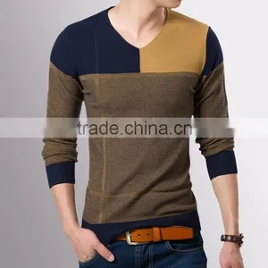 2015 Mens Winter Contrast Color V-neck Tight Pullover Sweater thumbnail-1