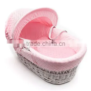 White Wicker Moses Basket With Pink Dimple Liner thumbnail-1