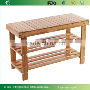 Factory Natural Bamboo Shoe Bench 2-Tier Shoe Storage Racks Shelf Organizer thumbnail-1