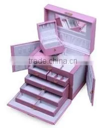 Pink Leather Jewelry Box Storage Organizer With Lock Mirror and Mini Travel Case thumbnail-1