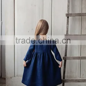 Linen Long Sleeved Girls Dress Midi Girl Dress Navy Blue Dress Hot Sale thumbnail-3