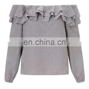 OEM Petite Stripe Chiffon Off Shoulder Top, Latest Design Double Layer Frill Top And Blouse thumbnail-2
