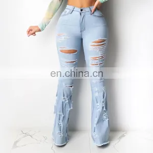 LAITE TR2012 Wholesales Custom New Fashion Broken Hole Straight Edge Women Casual Flare Jeans thumbnail-5