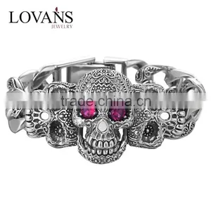 21CM Cool Skull Red CZ Stone Silver Bracelet For Men thumbnail-1