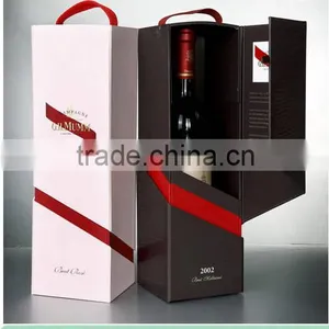 Side Open Paper Wine Box One Bottle Wine Packaging With Red Ribbon Handle thumbnail-1