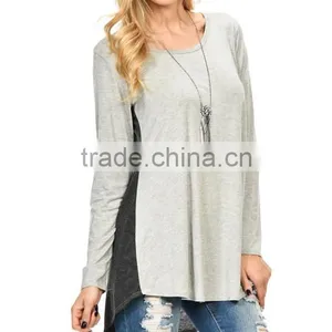 Women Fashion Long Sleeve Heather Gray Charcoal Color Block Hi-Low Tunic Tops Blouses Wholesale thumbnail-2
