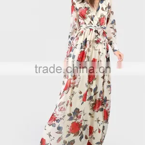 Women Clothing/women Dresses/Rose Print Cuffed Long Sleeve Belted Wrap Dress thumbnail-1