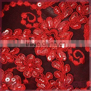 Red Floral Tulle Embroidery With Cord Lace,sparkle Beaded Sequin Lace Fabric for Wedding thumbnail-6