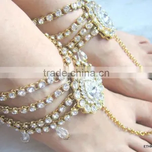 GOLD Tone Crystal PAYAL Anklets Pair With Toe Ring Barefoot Sandal thumbnail-3