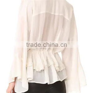 2017 OEM Lightweight Lace Trim Hem Wrapped Body Chiffon Blouse thumbnail-3