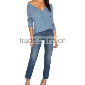 Blue Plain Custom V-neck Sweater for Women Pullover Sweater Dress thumbnail-2