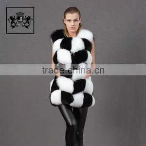 Beautiful Black White Color Fur Hand Sewing Long Fur Vest Women Real Fox Fur Gillets thumbnail-2