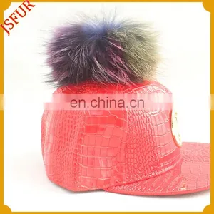 Hot Sale Big Size Colourful Raccoon Fur Pom Pom Leather Fur Hat thumbnail-1