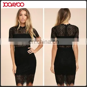2017 Fashion Short Sleeve Black Lace Midi Bodycon Dress thumbnail-1