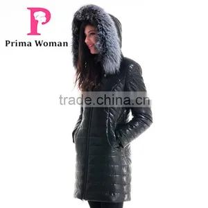Winter Women Leather Medium Length Slim Fit Embroidered Coat With Brown Fox Hat Clothes thumbnail-4