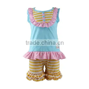 2016 Kaiyo Little Girls Boutique Clothing Summer Kids Aqua Cotton Flutter Tops And Ruffled Shorts Outfits Sets thumbnail-2