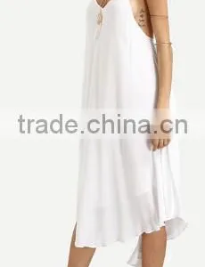 2016 Beach Wear White Spaghetti Strap Tassel Backless Sleeveless V Neck Asymmetrical High Low Midi Dress thumbnail-4