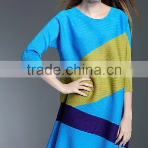 Female Patchwork Contrast Color Crinkle Spring A-line Dresses thumbnail-3