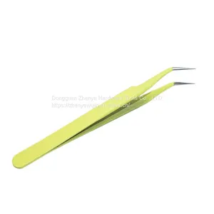 Yellow Stainless Steel Tweezers, Bird's Nest, Hair Picking and Eyelash Beautifying Tools, Electronic Mobile Phone Maintenance, Curved Straight Tip, Thin Tip Clip, Stickers, Cute thumbnail-3