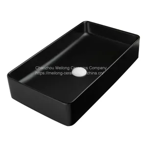 Modern Style 24-inch 61 cm Bathroom Matte Black Ceramic Vessel Sink Countertop Rectangle Matte Black Wash Basin thumbnail-1