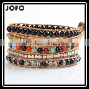 Exclusive Flower Amazonite With Gold Beads 5 Strands Weave Leather Wrap Bracelet Multi Layered Vintage Bracelet thumbnail-1
