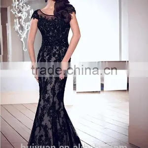 Elegant Scoop Neck Cap Sleeve Backless Full Length Lace Cocktail Dresses Cheap thumbnail-1