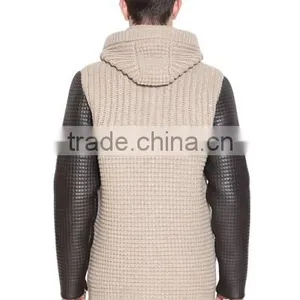 Men Hoodie Knitted Cardigan Leather Sleeve Wool Sweater Coat thumbnail-3
