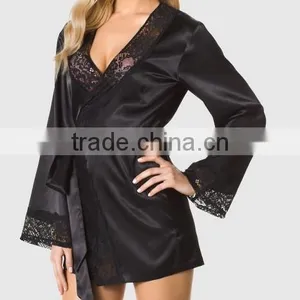 New Arrival Woman Lace Trimmed Satin Wrap Robe E17031 thumbnail-1