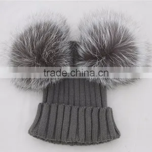 Myfur Light Grey Wool Turn Up Beanie Cap With Removable Silver Fox Fur Balls thumbnail-2