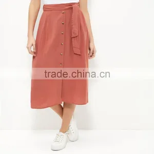 Button Front Tie Waist Ladies Office Skirt Suit Flare Long Skirt thumbnail-2