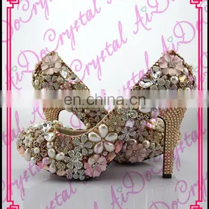 Aidocrystal Ltaly Stylish High Heel Dress Shoes Handmade Gold Rhinestone Flower Bridal Mid Heel Wedding Shoes thumbnail-1