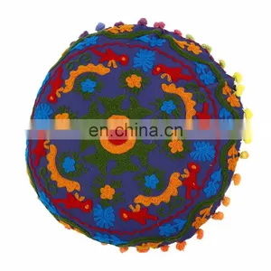 Home Decor Floral Suzani Pillow Cases Embroidered Indian Round Cushion Covers thumbnail-1