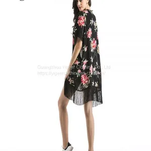 Floral Printed Fringing Hem Open Casual Chiffon Dress thumbnail-4