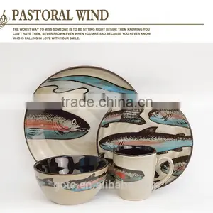 16-piece Reactive Glaze Stoneware Dinnerware Set With American Sea World Hand Printing thumbnail-1