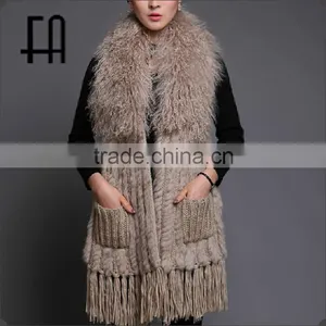 Factory Direct Wholesale Price Rabbit Knitted Fur Vest With Tibet Sheep Fur Collar Wool Knit thumbnail-4