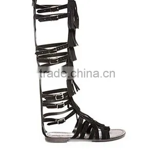 New Style Women Genuine Leather Gladiator Sandal Lace up Flat Knee High Sandal Boots thumbnail-2